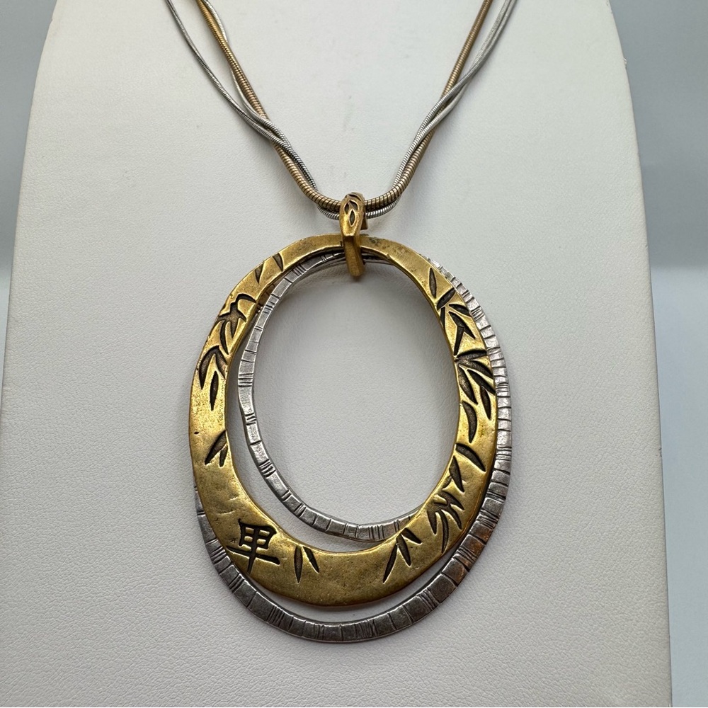 Chico’s Long Mixed Metal Oval Pendant Necklace Gold Silver Tone